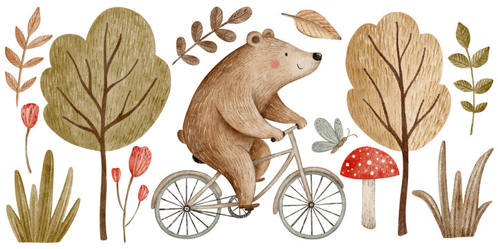 A bear rides a bicycle through the forest. Watercolor illustration features leaves, trees, and mushrooms. Perfect for children’s nature-themed design. Transparent background