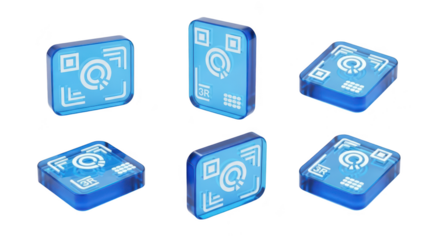 Transparent blue tech tokens with digital designs arranged against a clean white background likely for futuristic game use