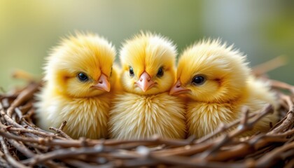 Three Adorable Yellow Chicks Nestled Together in a Cozy Natural Nest