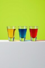Colorful Shot Glasses with Yellow, Blue, and Red Drinks on White Surface Against Green Background