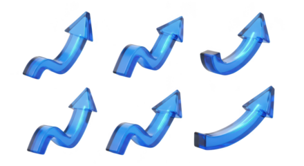 Blue glass upward arrows on white background illustrating growth progress and success ideal for business graphics and presentations