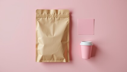 Stylish Minimalist Arrangement of Coffee Cup, Bag, and Note on Pink Surface