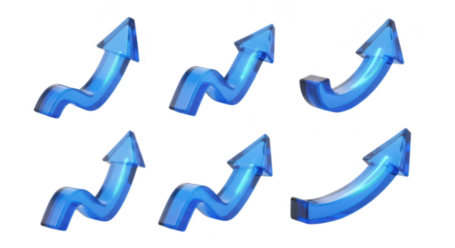 Blue glass upward arrows on white background illustrating growth progress and success ideal for business graphics and presentations