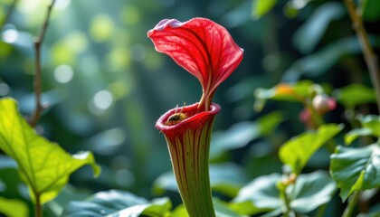 Bright Red Pitcher Plant Flower with Bee in Lush Green Background