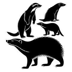 Black and White Silhouettes of Badgers in Various Poses