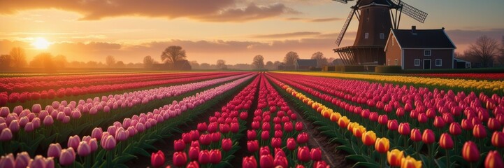 Serene Tulip Fields at Dawn with a Classic Dutch Windmill on the Horizon