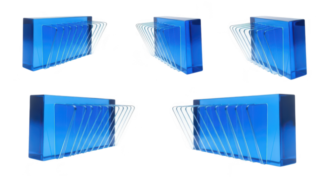 3D rendering of blue glass blocks with attached wire showing various angles White background for product showcasing or abstract graphic design