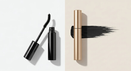 Obraz premium A creative, minimalist flat lay of mascara on a split-tone background. An open black tube and a closed gold tube with a product smear showcases cosmetic texture.