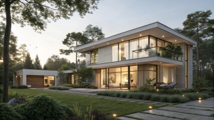 Fototapeta premium Modern Luxury House Surrounded by Lush Green Landscape at Dusk