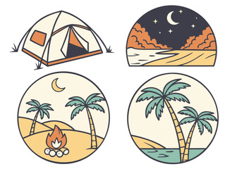Icon Set Inspired by Beach Camping with Tents, Campfire, Palm Trees, Ocean, Moon, and Stars