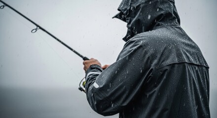 Male angler fishing in rainy weather wearing protective gear