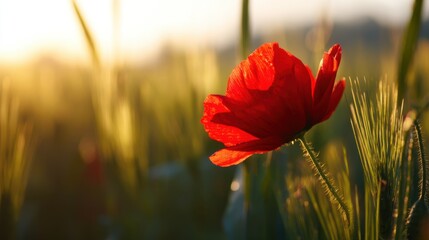 A solitary red flower stands prominently in the foreground,