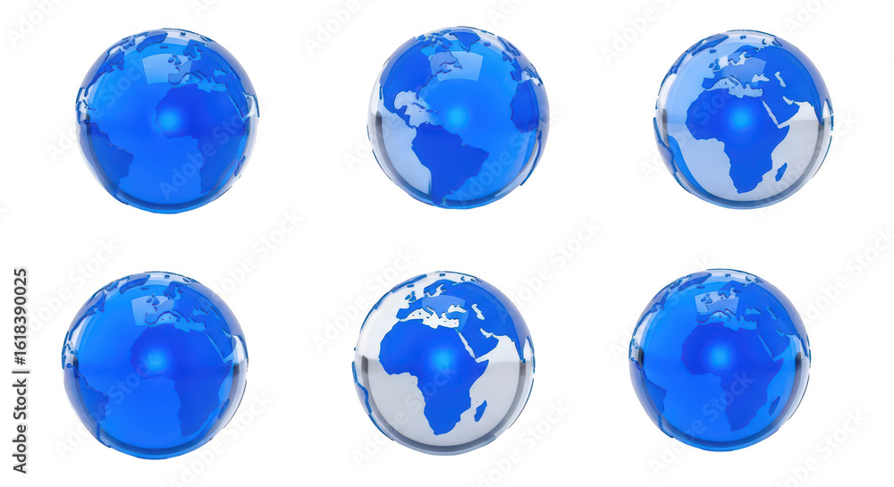 Poster 3d-rendered blue globes rotating in various positions showing continents continents in a white backg