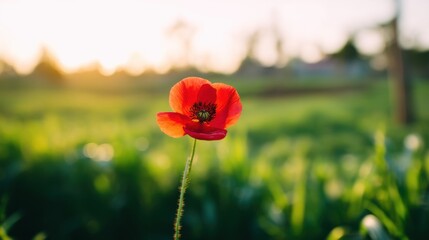 A single red poppy flower stands out against a blurred green grassy background,