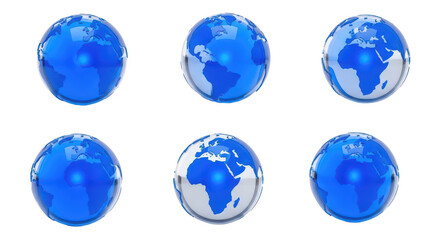 3D-rendered blue globes rotating in various positions showing continents continents in a white background useful for international concepts or global data