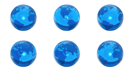 Six glass globe renderings showcasing Earth displayed in various views against a seamless white backdrop suitable for world map visualization