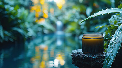 Natural skincare product jar placed on a rock near tranquil water with lush greenery