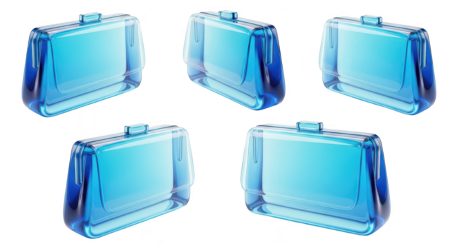 Five blue transparent purses arranged on a white surface showcasing accessory options likely for fashion retail or design purposes - Powered by Adobe
