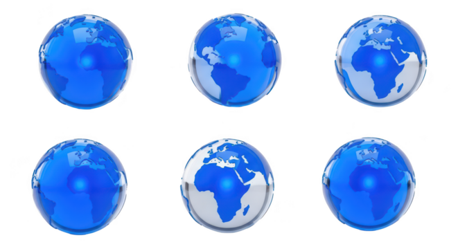 3D-rendered blue globes rotating in various positions showing continents continents in a white background useful for international concepts or global data