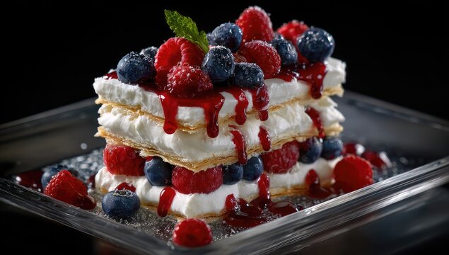 Layered dessert of puff pastry, whipped cream, raspberries, blueberries, and a berry glaze, elegantly presented on a clear rectangular dish against a black backdrop