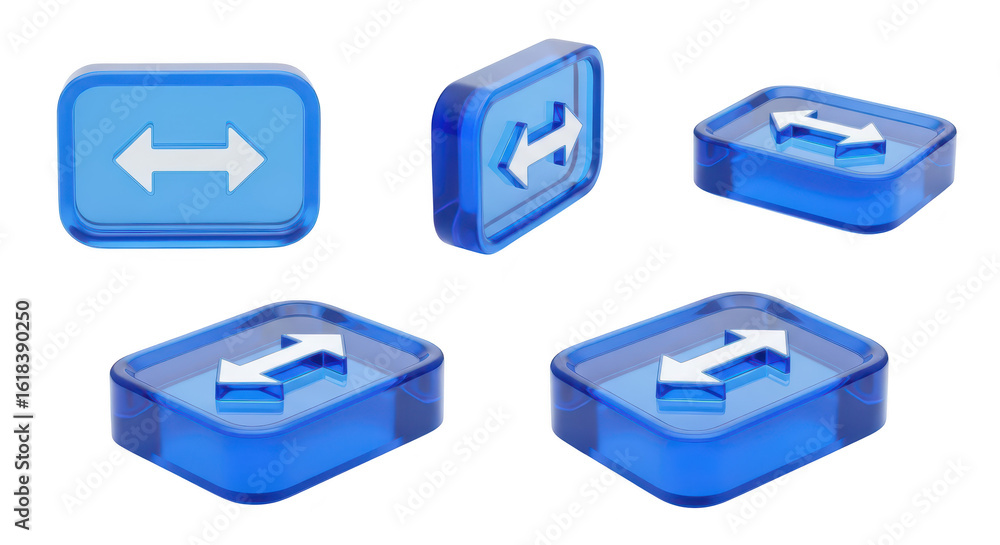Poster several angles of transparent blue 3d icon showing horizontal arrows highlighting data transfer and 