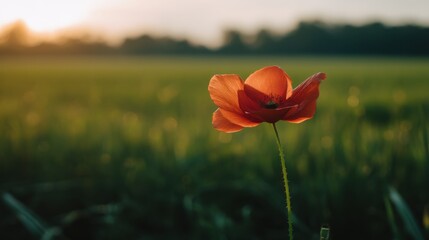 A vibrant orange poppy flower in close-up, surrounded by softly blurred grass and trees under warm golden sunlight.