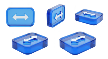 Several angles of transparent blue 3D icon showing horizontal arrows highlighting data transfer and exchange on a white background Suitable for web design or UI elements