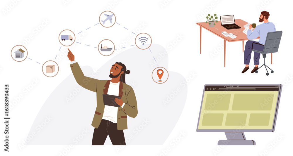 Poster man analyzing supply chain links with icons representing logistics and technology. home office setup