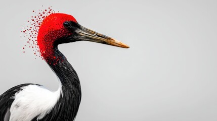 A stylized bird head with black plumage, white face, and vibrant red crown featuring granular texture,