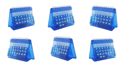 Blue plastic desk calendar rotating with varying dates isolated on a white background representing time and scheduling