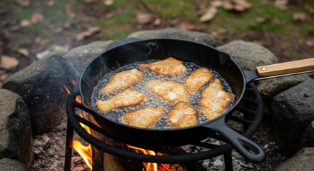 Outdoor campfire cooking with fried breaded fish in cast iron skillet