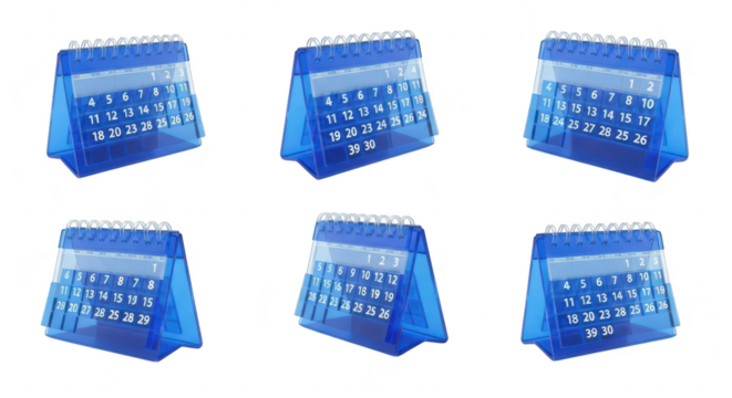 Blue plastic desk calendar rotating with varying dates isolated on a white background representing time and scheduling