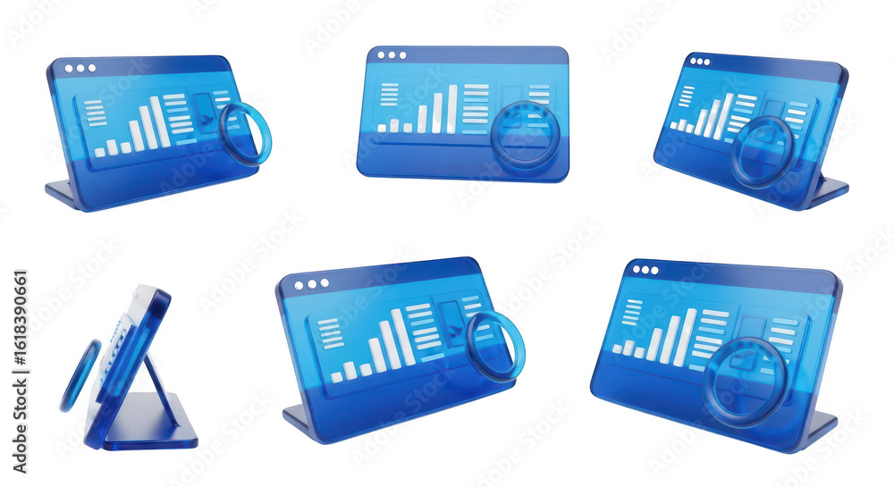 Poster blue 3d data analysis interfaces with magnifying glasses on white background used for business analy