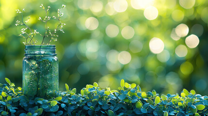Delicate flowers in a glass jar with bokeh effect for nature and wellness themes