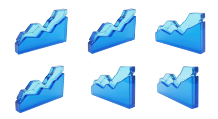 Blue transparent graph showing upward trend isolated on white multiple angles for finance business and economic growth concepts