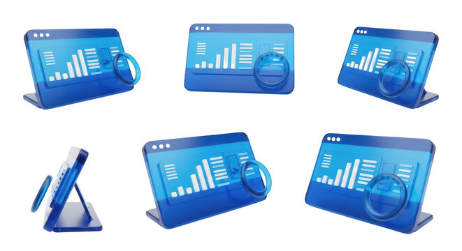 Blue 3D data analysis interfaces with magnifying glasses on white background used for business analytics and data visualization