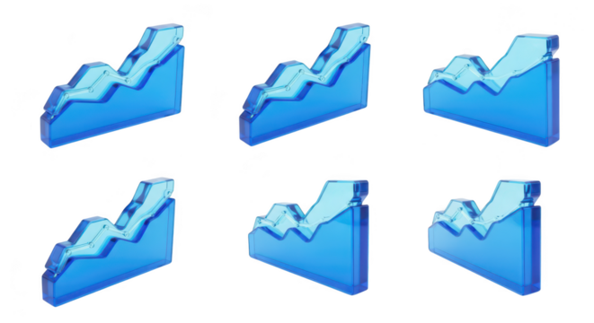 Blue transparent graph showing upward trend isolated on white multiple angles for finance business and economic growth concepts