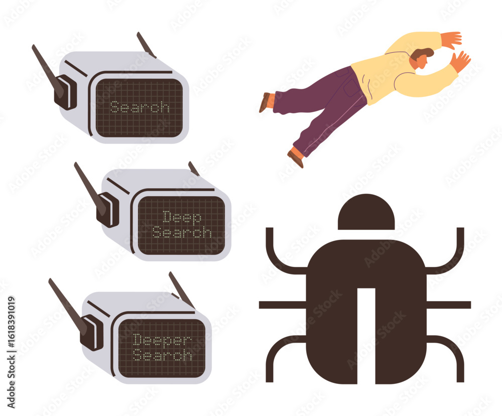Poster search devices displaying stages of search progression, a human interacting, and a bug representing 