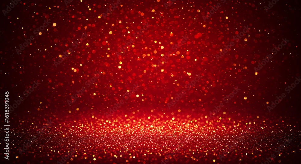 Poster red glitter sparkles with bokeh effect on a dark background