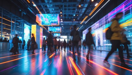 Busy Tech Expo with Light Trails and Blurred Figures Modern Trade Show Scene