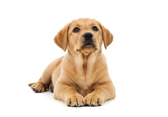 Adorable golden retriever puppy patiently waiting with hopeful eyes, perfect for pet care, family, or heartwarming campaigns