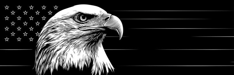 Illustration of an eagle with american flag elements in monochrome
