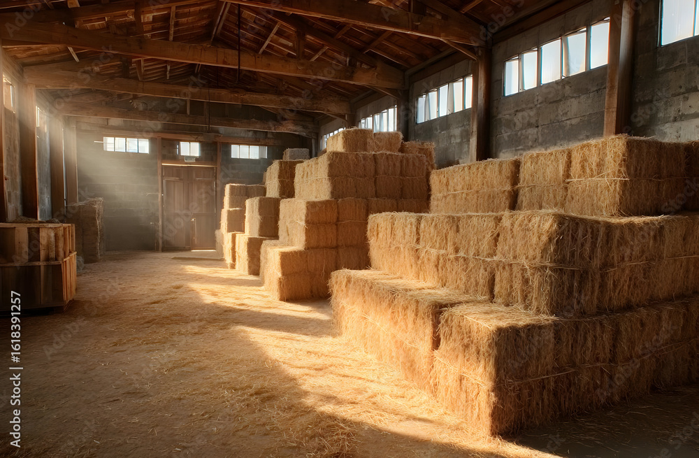 Poster a spacious barn interior filled with stacked hay bales, illuminated by soft natural light filtering 