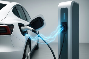 Electric vehicle charging process at a modern charging station with a sleek car plugged in