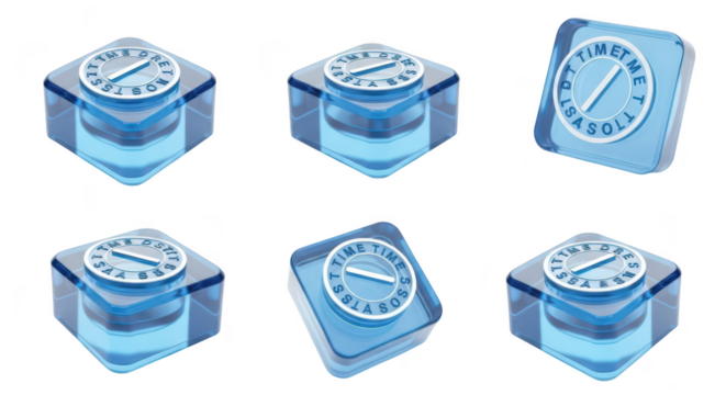 3D model of a blue transparent pill with words TIME on its surface arranged in several angles against a white background conveying the concept of time management and remedies
