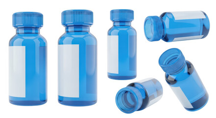 Various blue medicine bottles are isolated on a clean white background Different angles empty labels likely for healthcare pharmaceutical or medical visuals