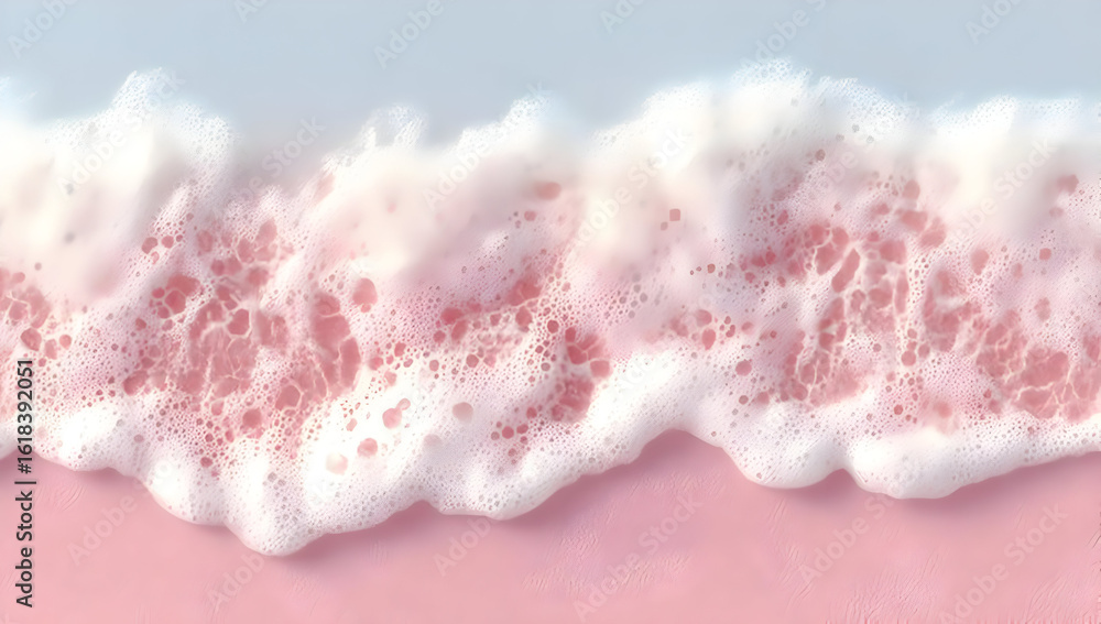 Poster a serene view of gentle waves lapping over a pink sandy beach, creating a soothing atmosphere with s