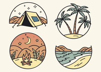Icon Set Inspired by Beach Camping with Tents, Campfire, Palm Trees, Ocean, Moon, and Stars