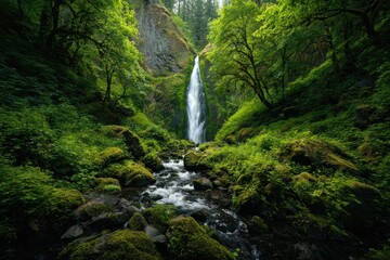 Lush waterfall cascading through a verdant forest