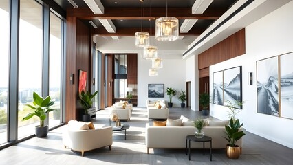 Fototapeta premium Luxurious Modern Lobby Interior with Elegant Seating and Natural Light